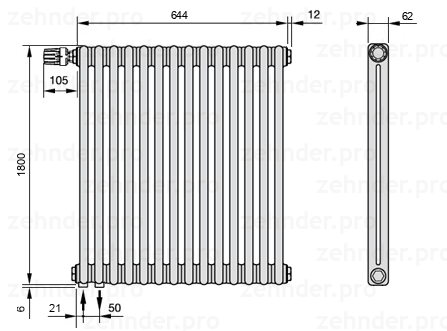 Схема (чертеж) Радиатор Zehnder Charleston 2180/14 №V001 Белый глянцевый RAL 9016